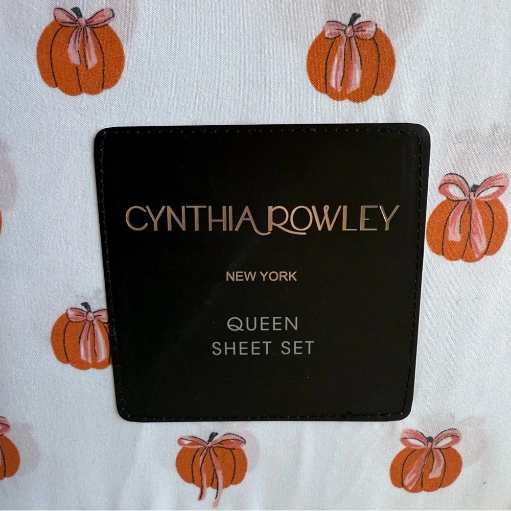Cynthia Rowley Queen Sheet Set Pumpkin Pink Bow Fall Halloween Cottagecore NWT